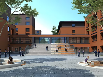 Campus Garden Landscape With Red Brick Buildings Stone Steps Trees Water Features And People 3d model