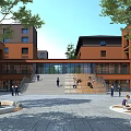 Campus Garden Landscape With Red Brick Buildings Stone Steps Trees Water Features And People