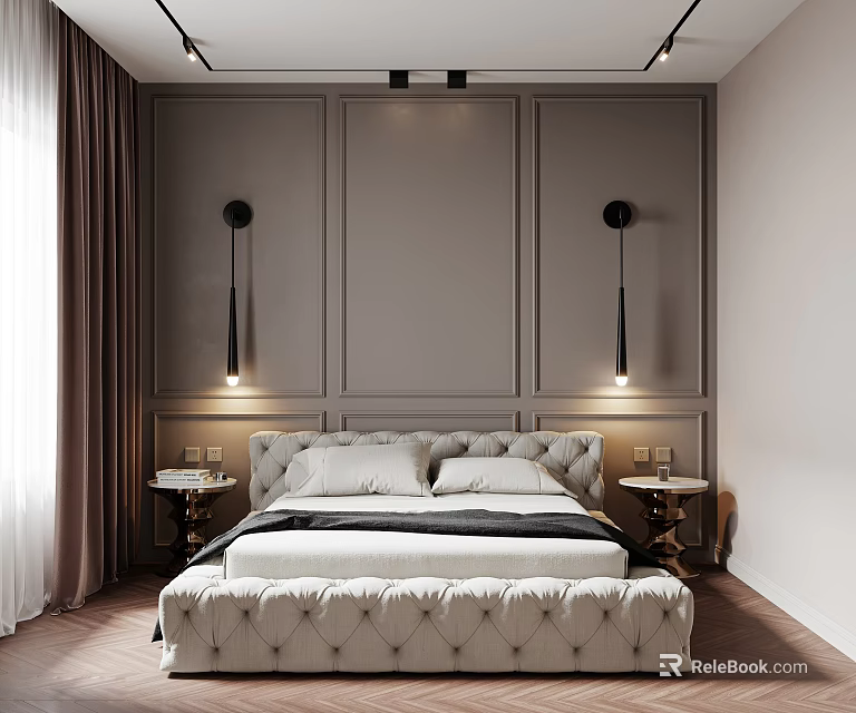 Modern Bedroom Interior With Tufted Bed Gray Paneled Wall Wall Sconces And Bedside Tables 3d model 