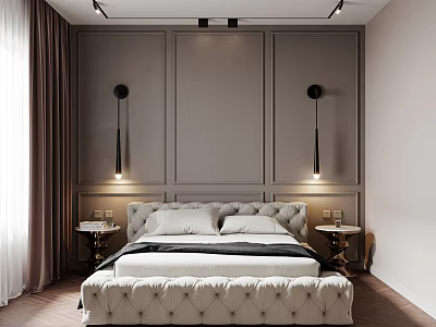 Modern Bedroom Interior With Tufted Bed Gray Paneled Wall Wall Sconces And Bedside Tables 3d model