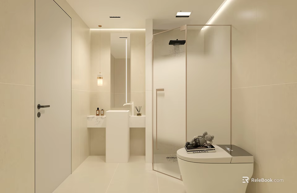 Modern Minimalist Warm Beige Bathroom With Smart Toilet Floating Washbasin And Glass Shower Enclosure 3d model 