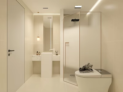 Modern Minimalist Warm Beige Bathroom With Smart Toilet Floating Washbasin And Glass Shower Enclosure 3d model
