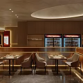 Modern Restaurant Interior With Red Walls Food Display Posters Dining Tables And Chairs