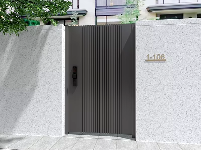 Modern Black Swing Door With Vertical Slats On Gray Wall And Number Plate 3d model