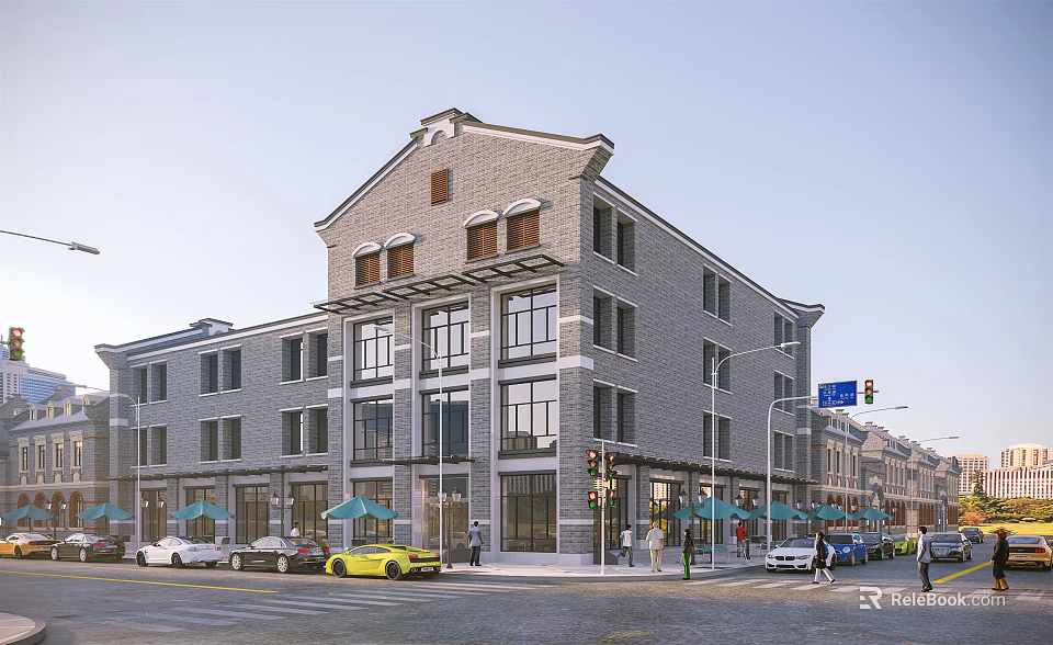 Traditional Commercial Street With Gray Brick Building Multiple Floors Ground Floor Shops And Outdoor Seating 3d model 