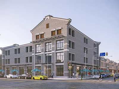Traditional Commercial Street With Gray Brick Building Multiple Floors Ground Floor Shops And Outdoor Seating 3d model