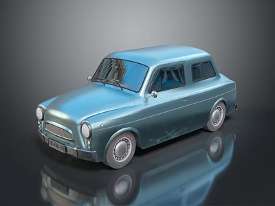 Light Blue Vintage Small Car With Classic Design Rounded Body And Round Headlights 3d model