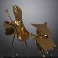Golden Sculptures of Cloaked Figures Holding Scepter and Umbrella Hat