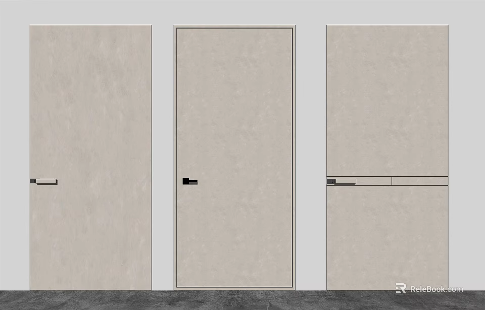 Three Modern Minimalist Hinged Doors With Light Color And Varied Handle Designs 3d model 