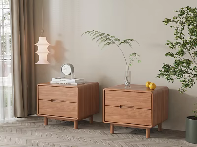 Wooden Bedside Tables With Clock Books Vase Plant And Lemons In Bedroom 3d model