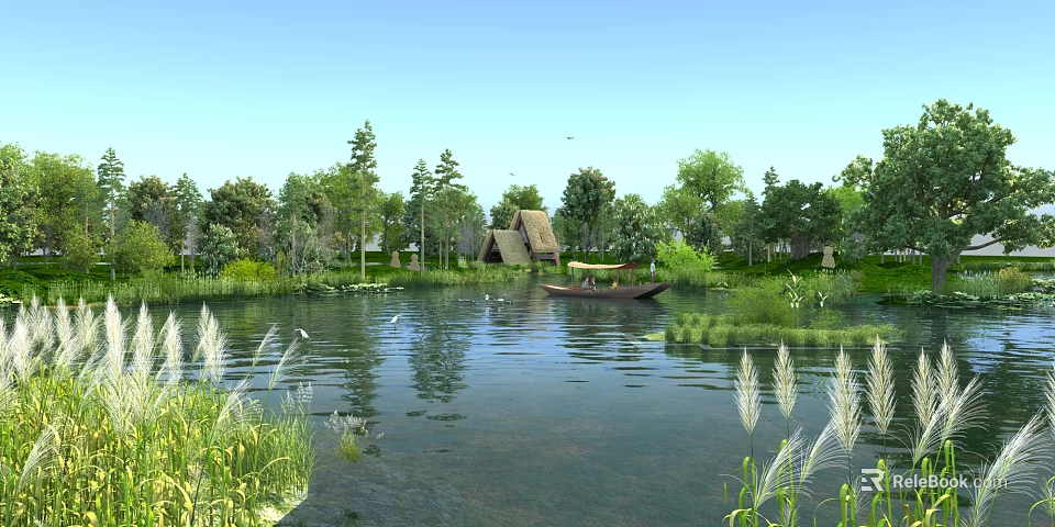 Beautiful Tranquil Lakeside Natural Scenery With Wooden Boat Thatched House And Lush Green Trees 3d model 
