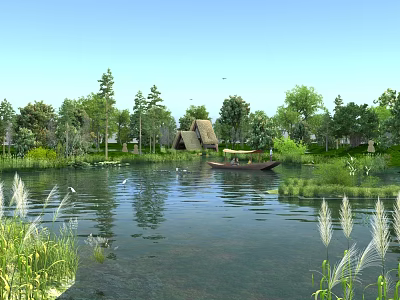 Beautiful Tranquil Lakeside Natural Scenery With Wooden Boat Thatched House And Lush Green Trees 3d model