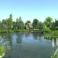 Beautiful Tranquil Lakeside Natural Scenery With Wooden Boat Thatched House And Lush Green Trees