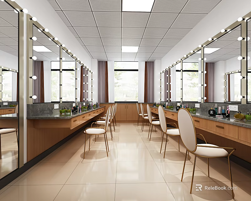 Modern Beauty Salon Interior With Long Counters Mirrors Bright Lighting And Styling Chairs 3d model 