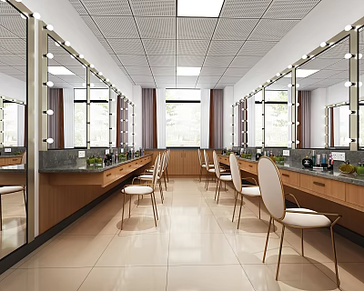 Modern Beauty Salon Interior With Long Counters Mirrors Bright Lighting And Styling Chairs 3d model