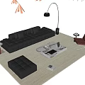 Black Leather Sofa and White Coffee Table Set With Red Chair Ottoman and Floor Lamp