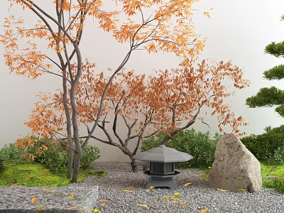 Japanese Courtyard Garden with Orange Leaved Tree Stone Lantern Large Rock Green Plants and Gravel Ground 3d model