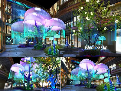 Jellyfish Shaped Floral Installation With Purple Pink Blooms Green Trees And Lighting In Mall Atrium 3d model