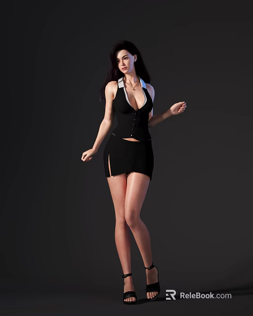 Elegant Woman in Black Corset Short Skirt White Collar and Long Hair Dancing Pose 3d model 