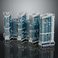 Modern Commercial Complex High Rise Buildings With Glass Curtain Walls And Retail Spaces At Base