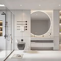 Modern Bathroom Interior Design With Round Mirror Glass Shower Vanity And Shelves