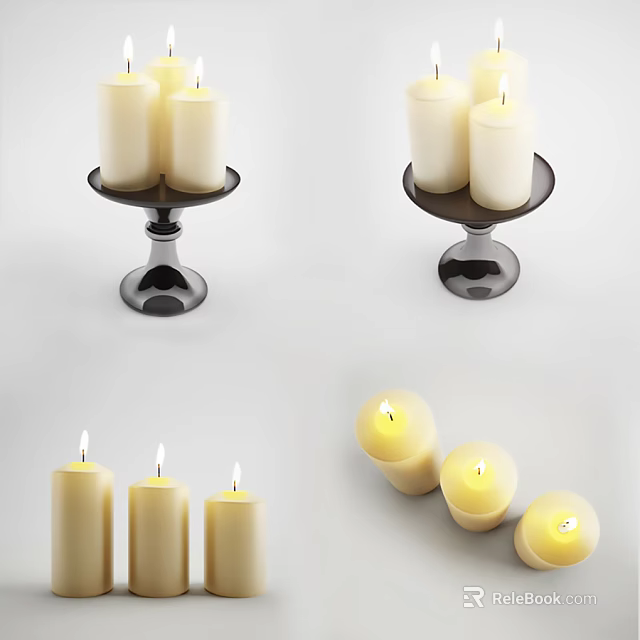 Modern Candle Lamp With Metal Base And Lit White Candles For Home Decor 3d model 