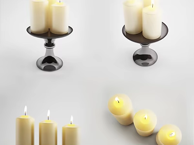Modern Candle Lamp With Metal Base And Lit White Candles For Home Decor 3d model