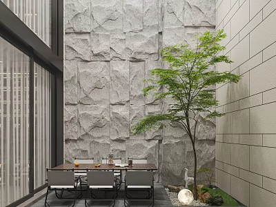 Tranquil Garden Landscape With Stone Wall Outdoor Dining Table Chairs And Small Tree 3d model
