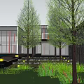 Modern Sales Office Building With Glass Facade Geometric Roof Surrounded by Trees And Water Features