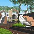 Modern School Building Outdoor Playground With Slides Stairs Greenery And Kids Area