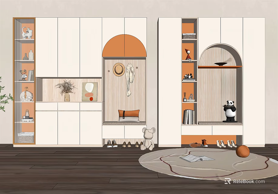 Modern Shoe Cabinet With Open Design Tiered Shelves Panda Ornament And Plants 3d model 