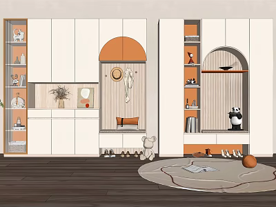 Modern Shoe Cabinet With Open Design Tiered Shelves Panda Ornament And Plants 3d model