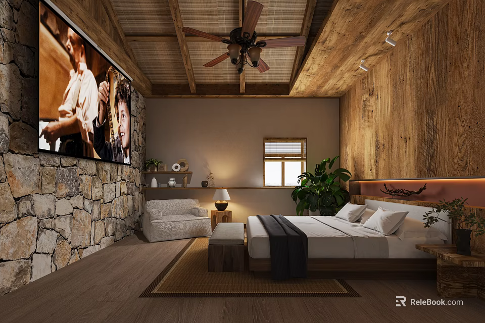 Cozy Hotel Room With Wooden Ceiling Ceiling Fan Stone Wall Large Screen TV And Bed 3d model 