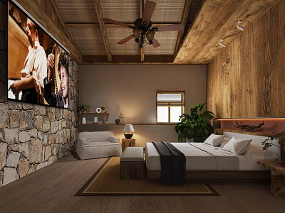 Cozy Hotel Room With Wooden Ceiling Ceiling Fan Stone Wall Large Screen TV And Bed 3d model
