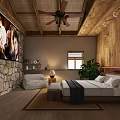 Cozy Hotel Room With Wooden Ceiling Ceiling Fan Stone Wall Large Screen TV And Bed