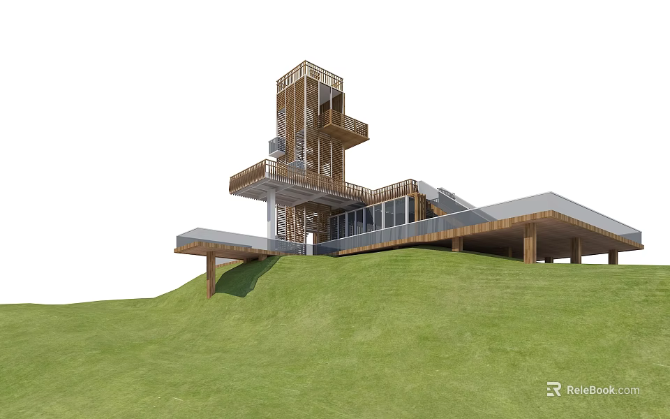 Modern Hillside House With Wooden Structure Large Glass Windows And Multi Level Design 3d model 
