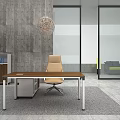 Modern Wooden Office Desk With Silver Legs Beige Chair Gray Wall And Woven Pendant Light