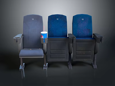 Three Blue And Gray Cinema Seats With Drink In Cup Holder 3d model