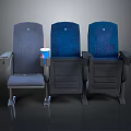 Three Blue And Gray Cinema Seats With Drink In Cup Holder