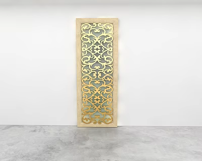Golden Carved Decorative Screen With Intricate Patterns On White Wall And Gray Floor 3d model