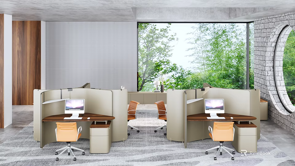 Public Office Space Interior With Cubicles Computers Orange Chairs Large Windows Green Trees Outside 3d model