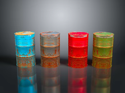 Colorful Oil Barrels Featuring Decorative Patterns And Rusty Texture On Black Surface Gray Background 3d model