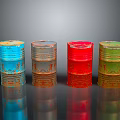 Colorful Oil Barrels Featuring Decorative Patterns And Rusty Texture On Black Surface Gray Background