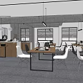 Public Office Space Modern Design With Wooden Tables Laptops Chairs Wall Art And Gray Carpet
