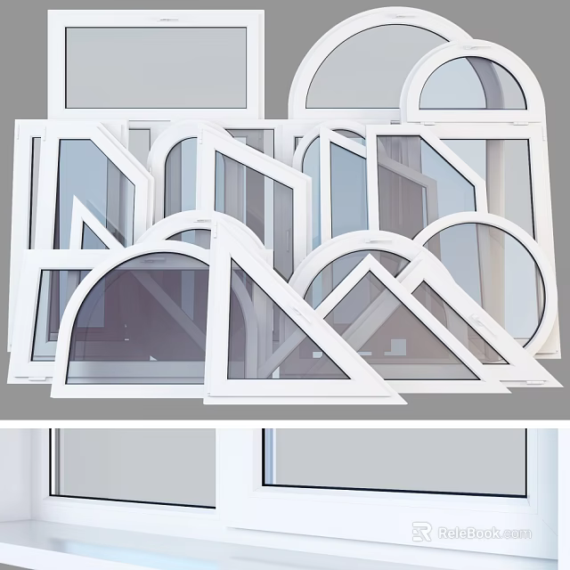 Modern Casement Windows with White Frames and Various Geometric Shapes for Home Design 3d model 