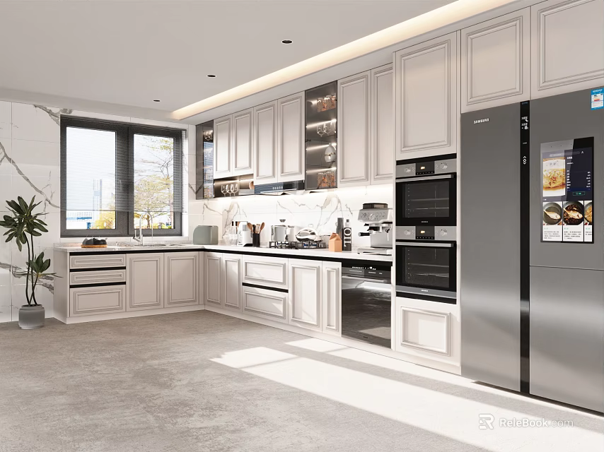 Modern Kitchen Interior With White Cabinets Stainless Steel Appliances And Marble Countertop 3d model 