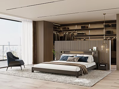 Double Bed With Vertical Striped Headboard Plush Pillows Modern Wardrobe Accent Chair And City View 3d model