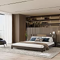 Double Bed With Vertical Striped Headboard Plush Pillows Modern Wardrobe Accent Chair And City View