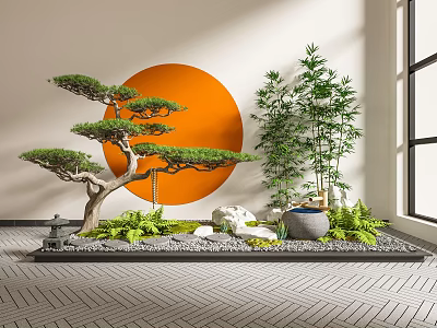 Indoor Zen Mini Garden With Bonsai Pine Tree Bamboo Stones Moss And Stone Basin 3d model