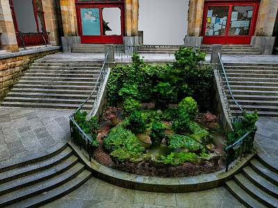 Curved Stone Stairs in Courtyard Surrounded by Lush Greenery and Red Architectural Doors 3d model